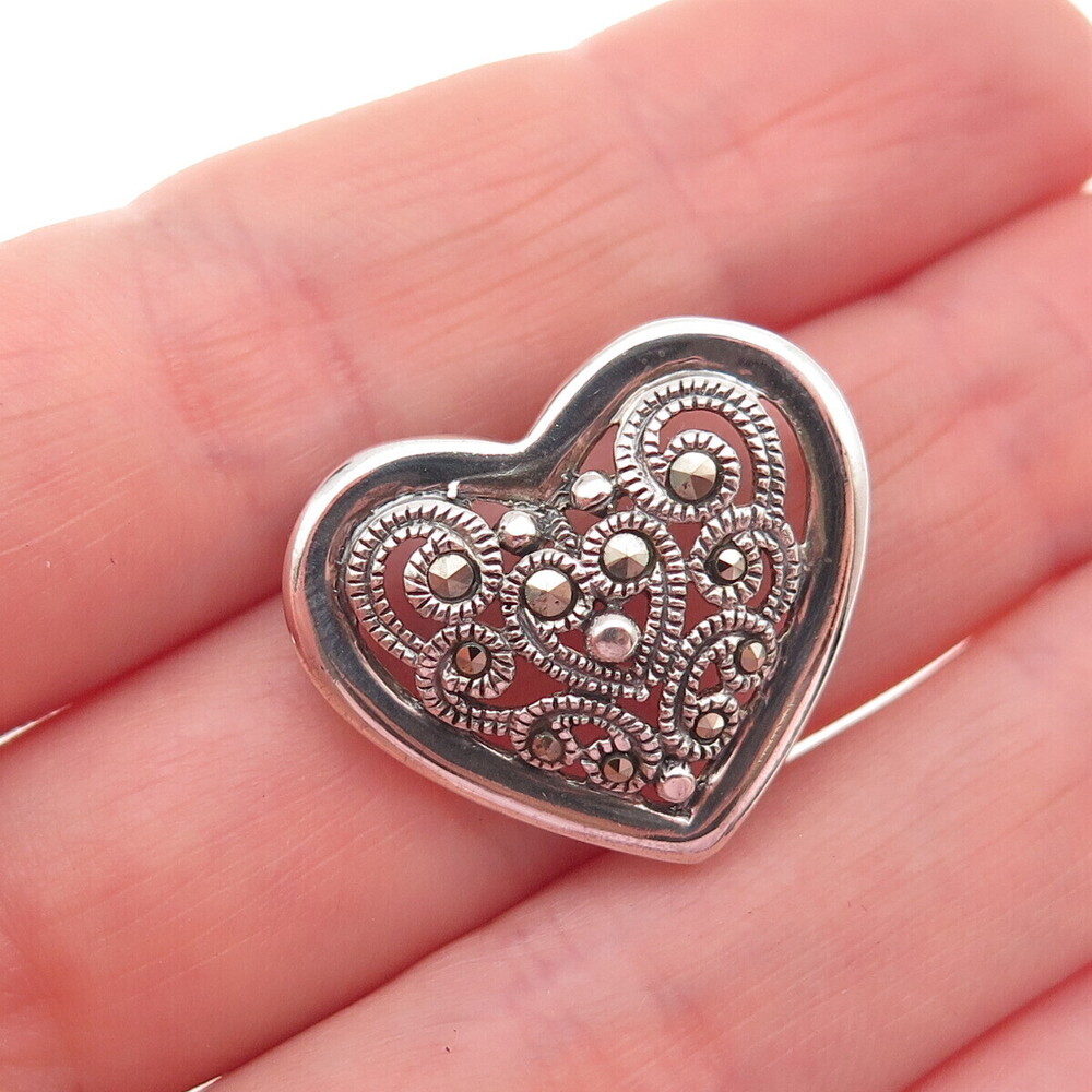 925 Sterling Silver Vintage Real Marcasite Heart Slide Charm Pendant